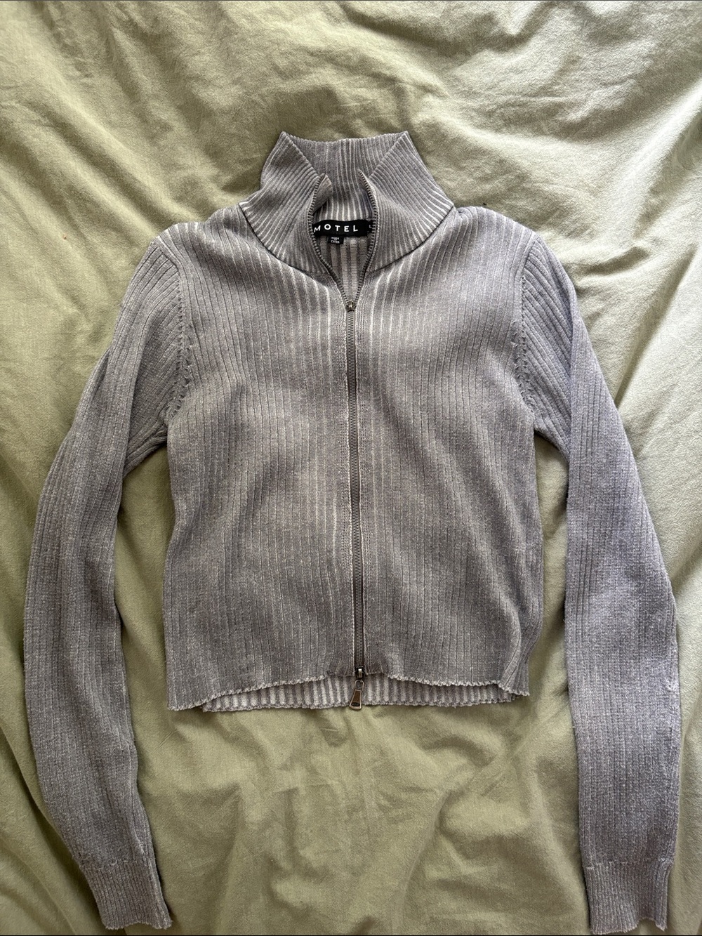 Motel Rocks Double Zip-Up Ribbed Cardigan in Light Gray